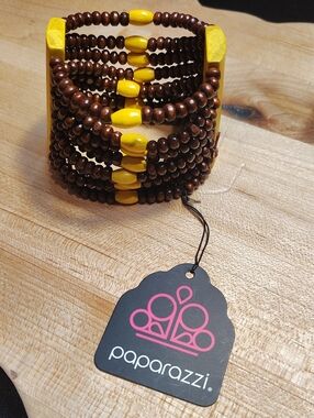 paparazzi Brown and Yellow Layered Wooden Bead Stretch Bracelet